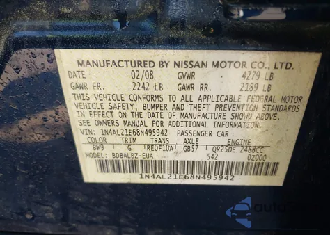 2008 Nissan Altima 2.5 S z USA, uszkodzony, nr VIN 1N4AL21E68N495942